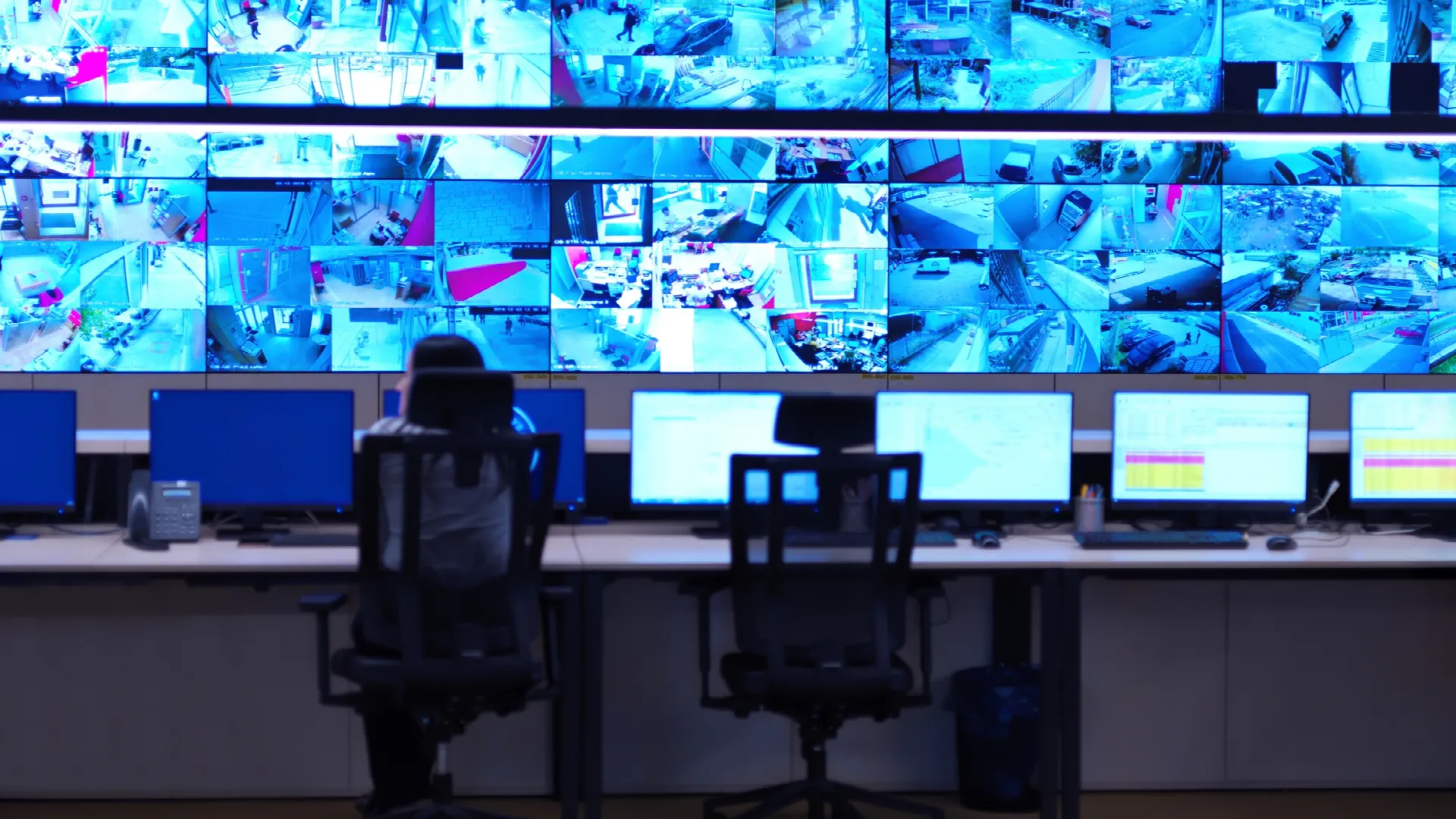 Centro de monitoreo de videovigilancia con múltiples cámaras mostradas en pantallas